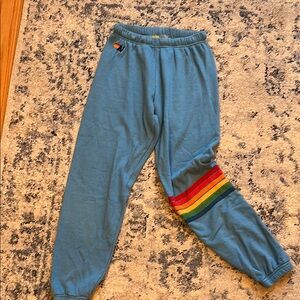 Aviator Nation Blue Sweatpants with Rainbow Stripe